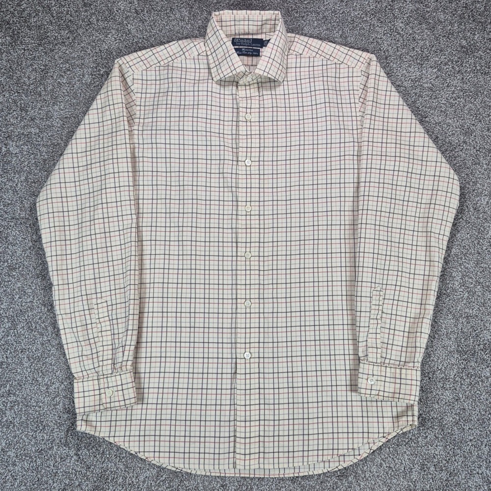 Vintage Polo Ralph Lauren Westerton Shirt Men Medium Tan Check Fine Two Ply 100s